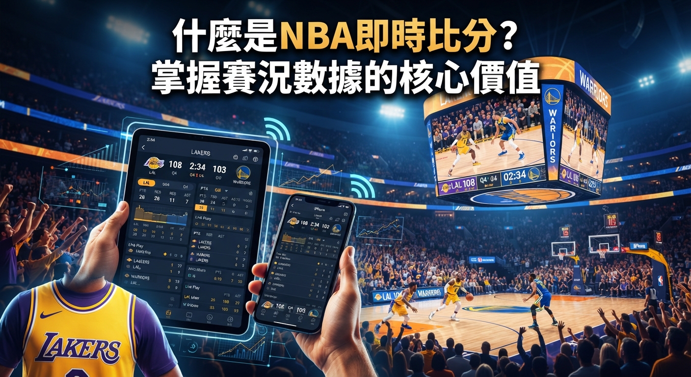 圖片展示了一場熱血的NBA籃球賽事現場,畫面中央清晰印有「什麼是NBA即時比分?掌握賽況數據的核心價值」的主題文字。 前景的手機與平板屏幕上正顯示著即時比分與數據圖表,完美呼應了賽況數據的核心價值。