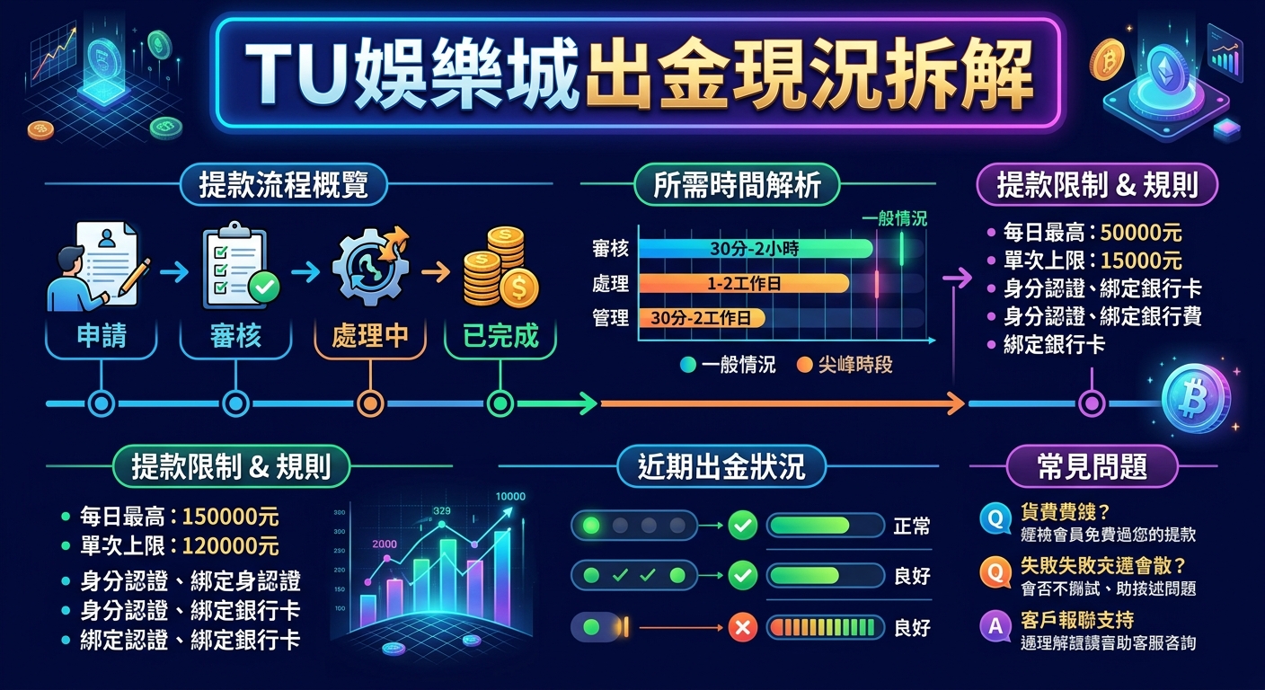 這張圖片是一份高科技質感的現代資訊圖表,背景為暗藍色系,頂部中央標有醒目的標題「TU娛樂城出金現況拆解」。 圖表內整合了提款流程、時間解析、限制規則及近期出金狀況,並透過清晰的箭頭、數據圖表與視覺化圖示進行詳細拆解。