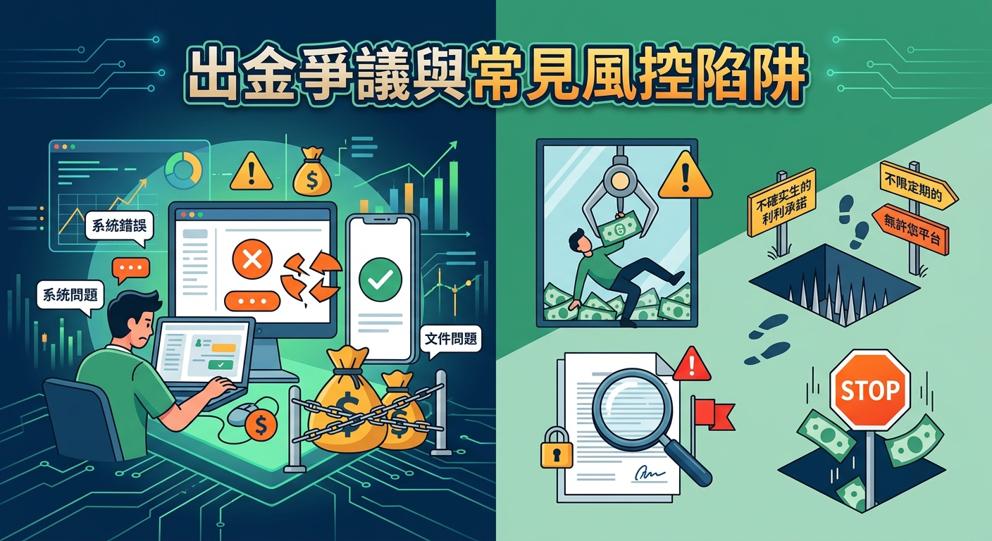 這幅插圖以左右對比呈現金融交易風險,左側描礙投資者面臨系統錯誤、文件問題與資金被鎖的提現爭議。 右側則以陷阱、放大鏡審查與警告標誌,形象化地揭示無許可平台與不實承諾等常見風控陷阱。