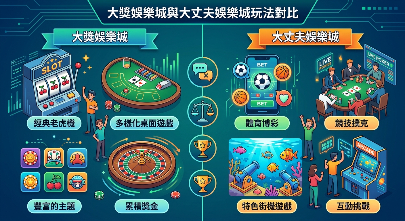 這張圖片是一幅對比圖,頂部標題為「大獎娛樂城與大丈夫娛樂城玩法對比」。 畫面左側展示了經典老虎機、桌上遊戲與輪盤,右側則包含體育博彩、競技撲克、特色街機與互動挑戰等多元玩法。