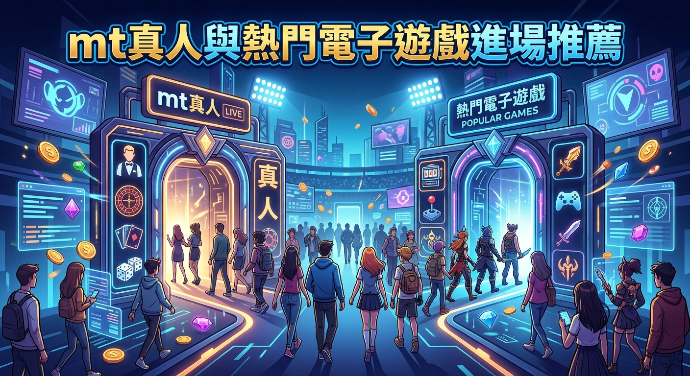 這張圖展現了一個充滿未來感的炫彩電競會場,眾多玩家正穿過亮起霓虹光芒的入口門廊。 畫面上方醒目地展示著標題文字:「mt真人與熱門電子遊戲進場推薦」。